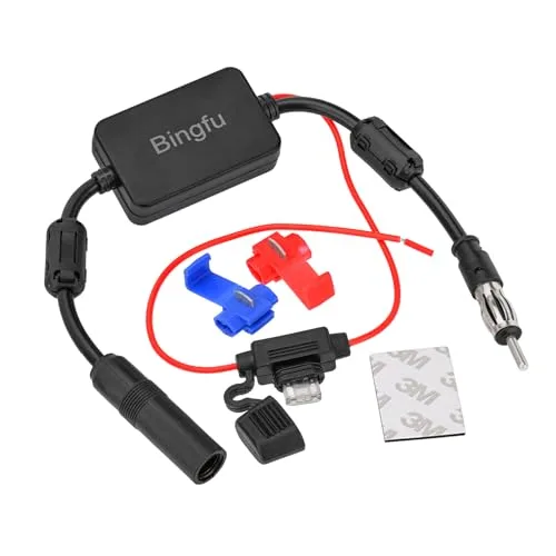 Bingfu Universal Car Stereo FM Radio Antenna Signal Booster Amplifier Amp,12V Power Supply DIN Plug Connector Adapter for Vehicle Truck SUV Car Audio Radio Stereo Media Head Unit Receiver