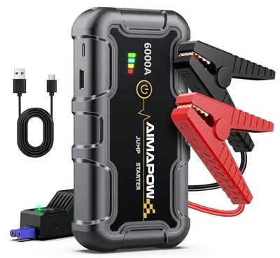 AIMAPOW Portable Car Battery Jump Starter 6000A 20000mAh Jump Box, Car Jumper Starter Portable Jumper Cables for car(AllL Gas/10L Diesel), Fast Charge, Lights, Compact