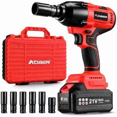 AOBEN Cordless Impact Wrench 1/2 Inch, Power Impact Gun Kit, Max 600N. M/450Ft-lbs High Torque Electric Impact Driver for Car RV Tire, 4.0Ah Battery, Charger, 6 Sockets & Storage Tool Case