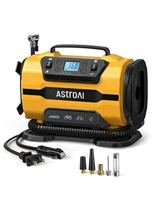 AstroAI Tire Inflator Portable Air Compressor Pump 150PSI 12V DC/110V AC with Dual Metal Motors &LED Light, Automotive Car Accessories&Two mode for car, bicycle tires and air mattresses, Yellow