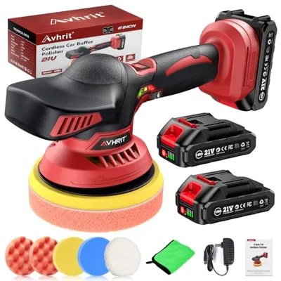 Avhrit Cordless Car Buffer Polisher kit w/ 2x2000mAh 21V Batteries, 6 Inch Car buffer Waxer Kit w/ 6 Variable Speed & Extra 10 PCS Attachments, Polisher for Car Detailing,Boat Sanding,Scratch Removing