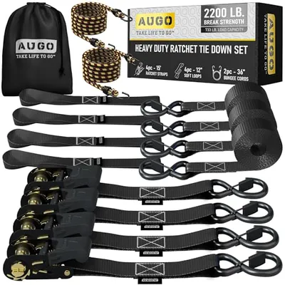 AUGO Ratchet Straps Heavy Duty 4 Pack -15 FT - 2200 LB Break Strength – with Safety Lock S Hooks - C