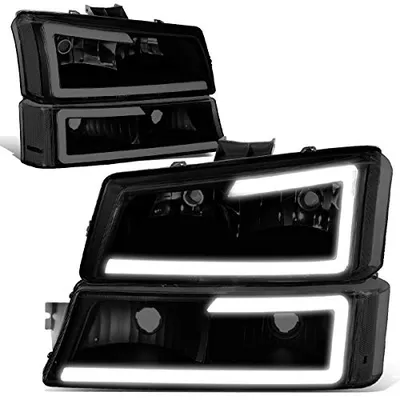 DNA MOTORING HL-LB-CSIL03-BK-CL1 Black Housing 3D LED DRL Headlight Bumper Lamp Set Compatible with 03-06 Silverado 1500-3500 / Avalanche 1500 2500