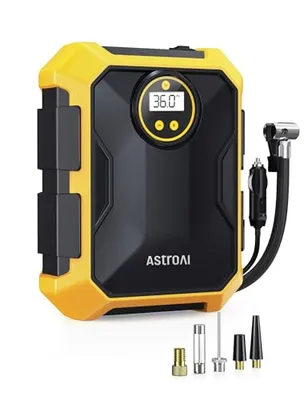 AstroAI Tire Inflator Portable Air Compressor Tire Air Pump for Car Tires - Car Accessories, 9.8Ft Cord 12V DC-Powered Auto Pump with Digital Pressure Gauge, LED Light for Bicycle, Balloons, Yellow