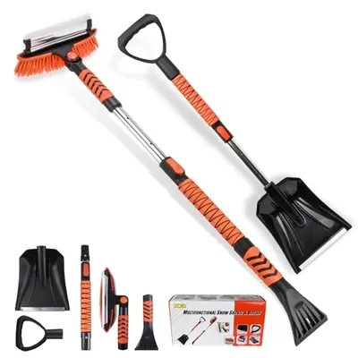 42'' Ice Scraper and Extendable Snow Brush Emergency Snow Shovel Snow Broom with Foam Grip 180° Pivo