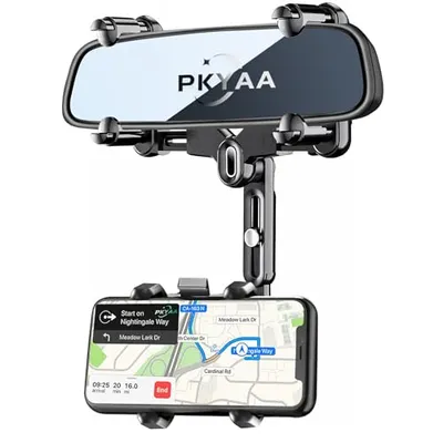 PKYAA Rearview Mirror Phone Holder for Car, 360° Rotating Rear View Mount with Adjustable Arm Length