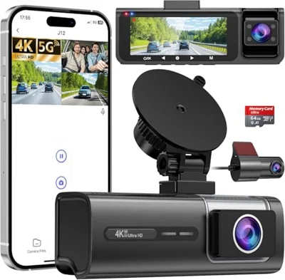 3 Channel 5G WiFi Dash Cam, 4K+1080P+1080P Dash Cam Front and Rear with 64GB Card, Dash Camera for Car with HDR IR Ni...