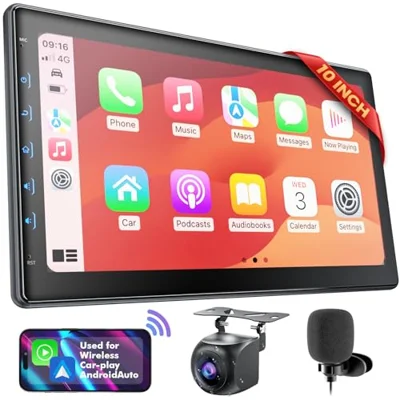 10 Inch IPS Touch Screen Double Din Car Stereo Compatible with Wireless Carplay, Android Auto, Mirrorlink - Car Radio...