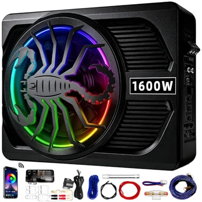 SCBPAUD 2026 Upgraded 1600W 10 Ultra-Slim Active Under Seat Car Subwoofer Built-in Amplifier & LED Lights | Distortion-Free Bass | Low Pass Filter, G