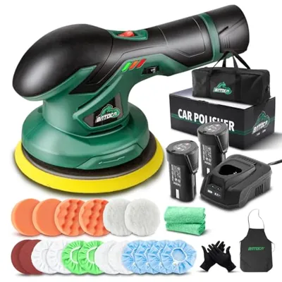 BATOCA - Cordless Car Buffer Polisher - 2pcs 2.0Ah 12V Lithium-ion Rechargeable Battery Powered Brushless Polisher with 6 Variable Speed, DA Orbital Buffer for Car Detailing, Polishing, Waxing