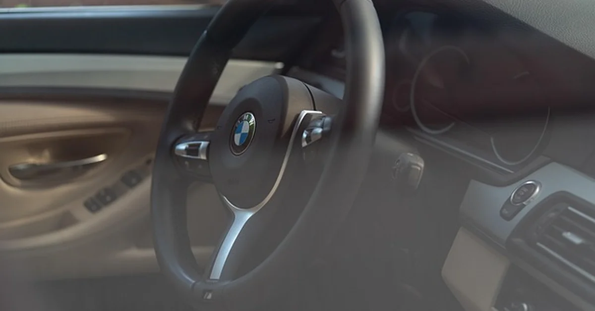 BMW steering wheel and dashboard showing the driver controls