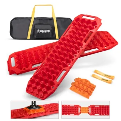BUNKER INDUST Off-Road Traction Boards with Jack Lift Base,2 Pcs Multifunctional Recovery Track Ramp Traction Mat for 4WD UTV SUV Truck-Mud, Sand, Snow Tire Traction Devices Red with Carry Bag
