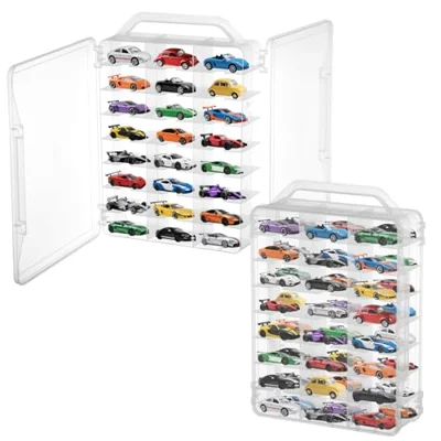 2Pcs Double Sided 1/64 Scale Toy Car Storage Case with Carrying Handle, Portable Transparent Storage Case Compatible with Matchbox Car Hot Wheels, 92