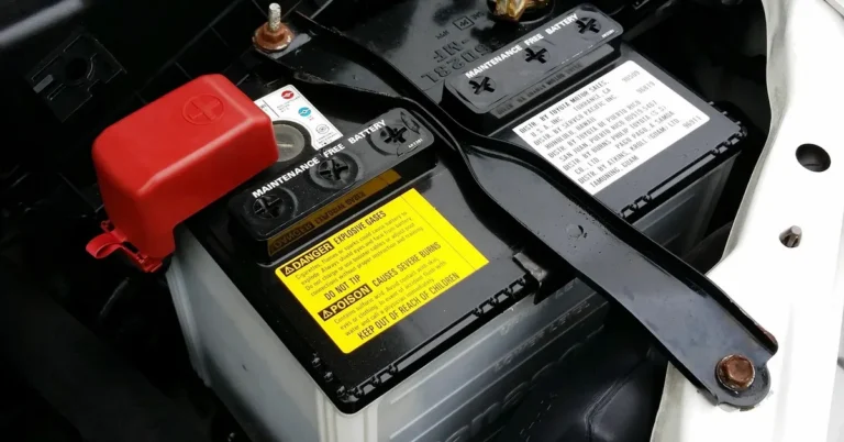 Car battery installed in the engine bay showing terminal and label