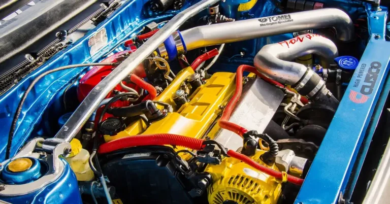Car engine bay showing the AC compressor