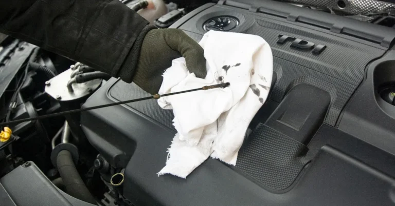 Mechanic checking the oil dipstick on a car engine during a repair