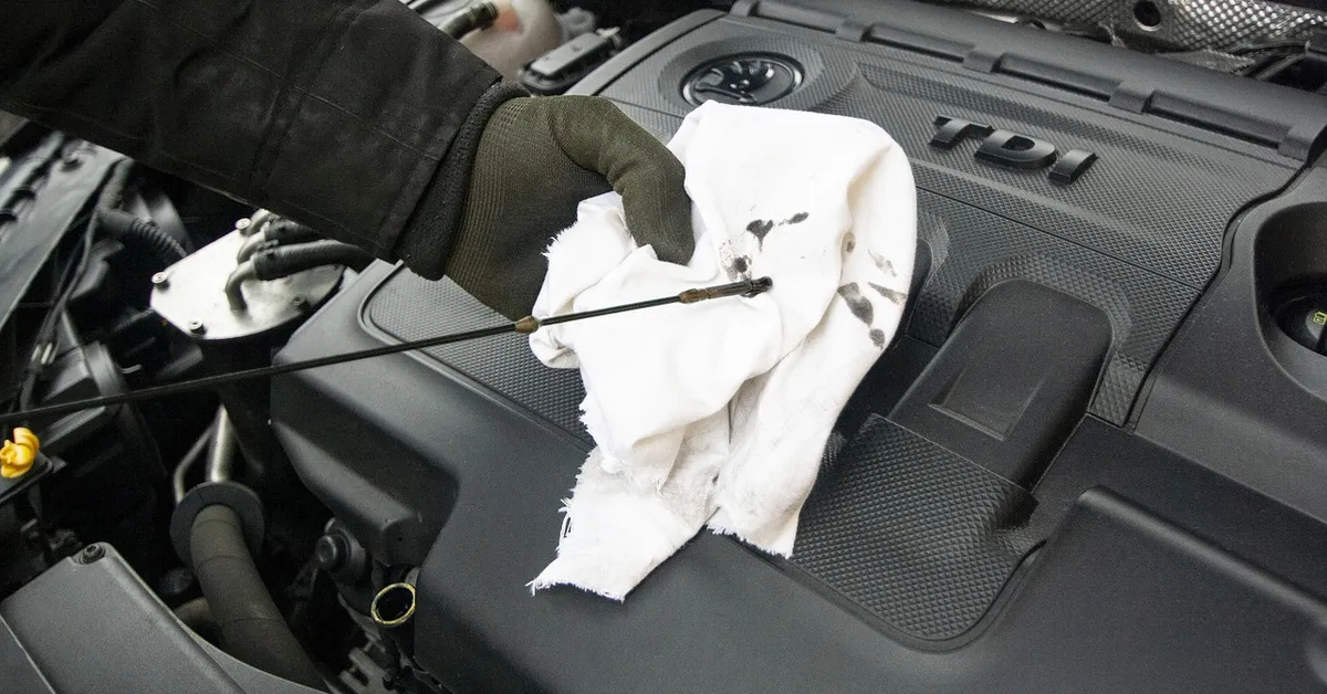 Mechanic checking the oil dipstick on a car engine during a repair