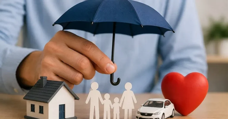 Car insurance concept showing a house, family, and car protected by an umbrella
