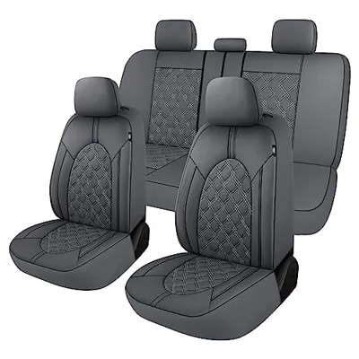 CAROMOP Luxury PU Leather Car Seat Covers Full Set-Waterproof Seat Protectors with Split Bench Seat Covers for Cars-Universal Cars Interior Covers for Sedans, SUVs, Pick-up Trucks(Gray/Gray Line)