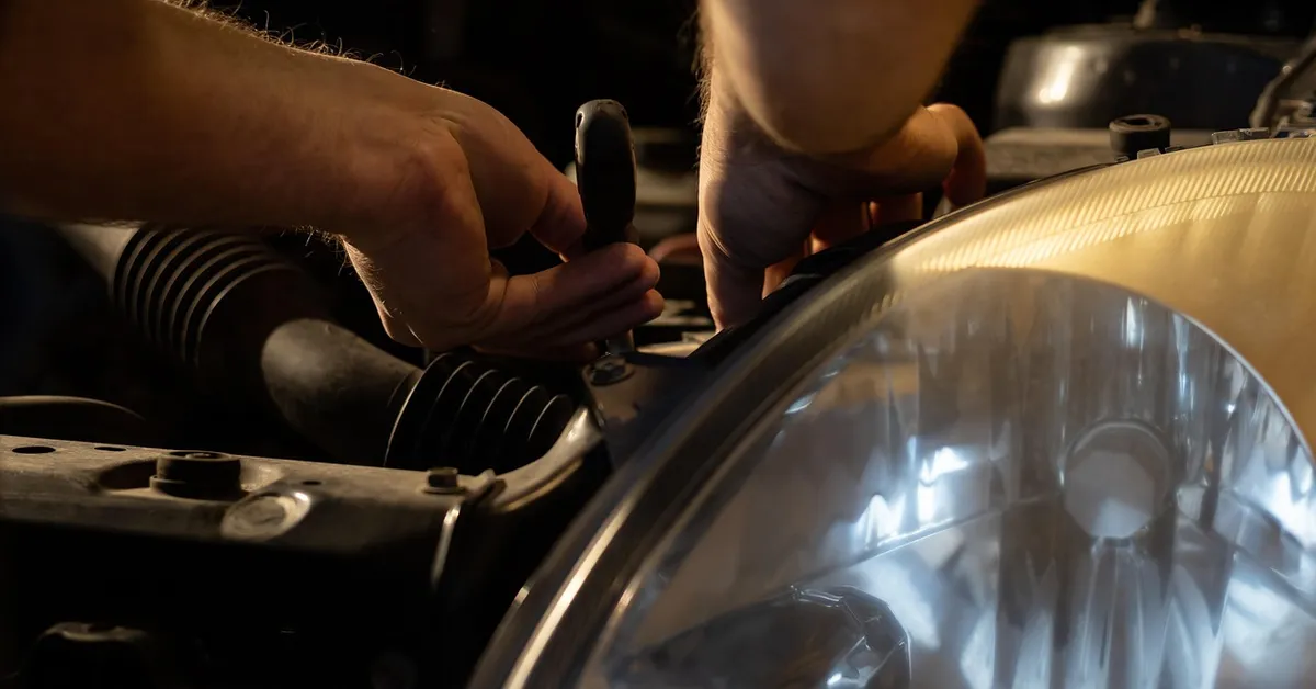 Mechanic hands repairing a car headlight and engine bay component