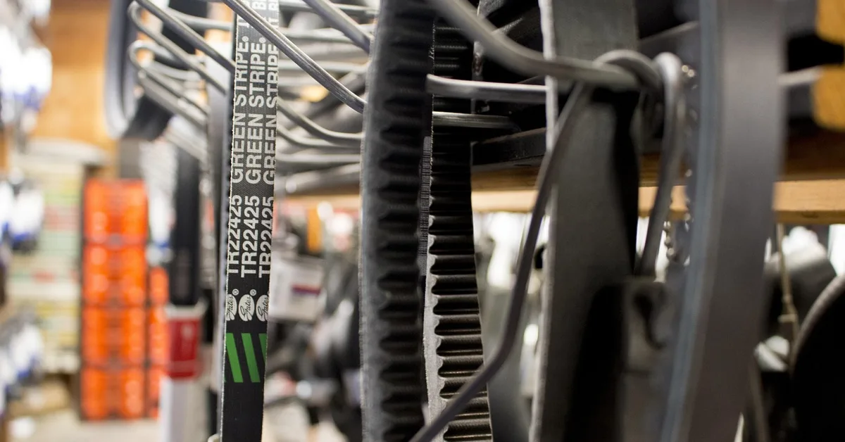 Close-up of a car timing belt and pulley system