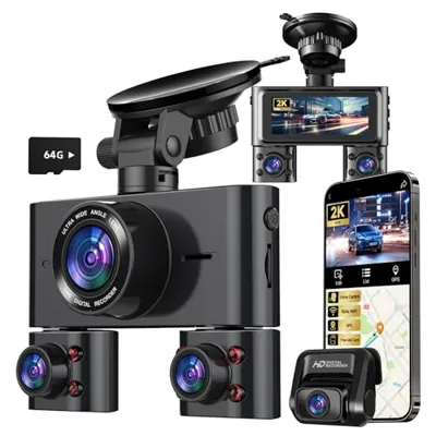 Dash Cam 360°, Dash Camera for Cars Front and Rear Inside, 4 Channel 4K/2K FHD Mini Dashcam, Built-in WiFi GPS, with 64GB Card, Voice Control, WDR,HDR,Night Vision, 24/7 Parking Mode(Upgraded Version)
