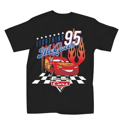 Disney Pixar Cars Lightning McQueen 95 Flames Adult T-Shirt(Black,X-Large)