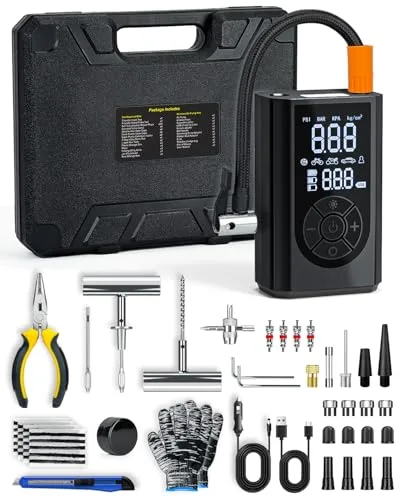 FRIWOLE Tire Repair Kit with Portable Air Compressor, Tire Plug Kit 58PCS with Cordless Tire Inflator (150 PSI) for Car, Motorcycle, Tractor, Truck, Ball