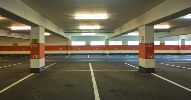 Empty numbered parking spot in a garage