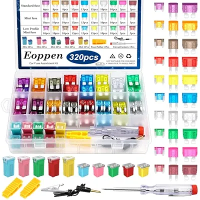 Eoppen 320Pcs Car Fuses Assortment Kit with Fuse Puller and Tester, Standard & Mini & Low Profile Mini Fuses Kit, Low and Tall/STD Profile Box Shaped Automotive Fuse for Cars, Trucks, SUV, Boat