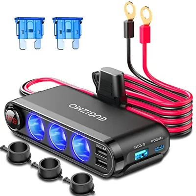 EUGIZMO 12V Cigarette Lighter Socket Splitter, 200W 3 Socket Multi Port Car Cigarette Lighter Adapter Plug Splitter USB Charger Auxiliary 12 Volt Power Outlet Socket with Eyelet Terminal