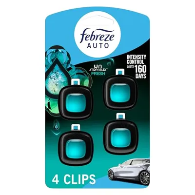 Febreze Car Air Freshener, Odor-Fighting Automotive Vent Clip, Scented Car Accessories, Long Lasting for Strong Odors, Unstopables Fresh Scent, .07 fl oz, 4 Count