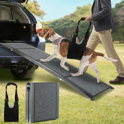 Folding Pet Car Ramp with Non-Slip Rug Surface, Portable Ramp with Dog Lift Harness for Cars and SUVs, 63