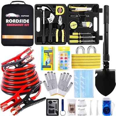 HAIPHAIK Car Emergency Roadside Kit- Safety Kits for Cars, Car Jumper Cables Kit 11.8 Foot (Upgrade) 124 Pcs Car Tool Kit,Tow Strap, Folding Survival Shovel