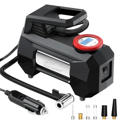 HAUSBELL Tire Inflator Upgraded Air Compressor for Car, Portable Air pump for Car Tires, 12V DC Car Air Pump with Valve Adapter, 150 PSI with Emergency LED Light, Starry Black