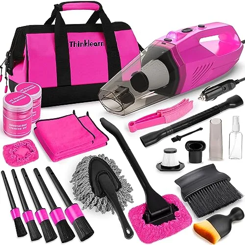 ThinkLearn Car Vacuum Detailing Kit, Interior Car Cleaning Kit with High Power Handheld Vacuum and 7Pcs Detailing Brush Set, Well-Designed Women's Pink Car Accessories Bag