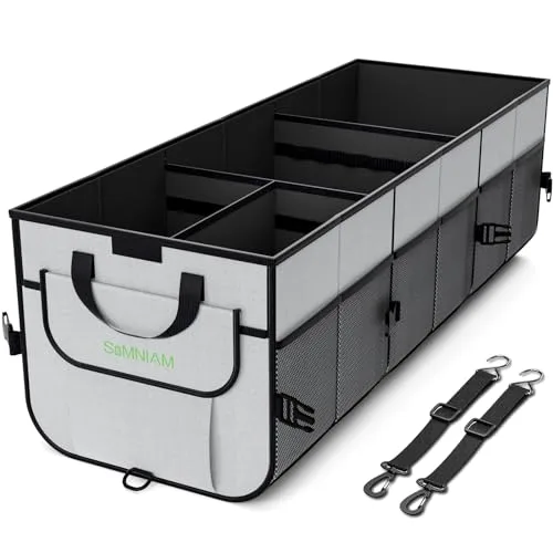 Simniam Car Trunk Organizer with Insulated Grocery Bag- 110L High Capacity Car Storage Box, with 4 Compartments, Reflective Strip, Cover, for Auto, SUV, Truck, Minivan