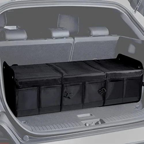 NINEDUCK Car Trunk Organizer with Lid - Heavy-Duty Extra Large Premium Black Oxford Cargo Storage, Adjustable & Collapsible for SUV, Van, Truck, Sedan, Jeep