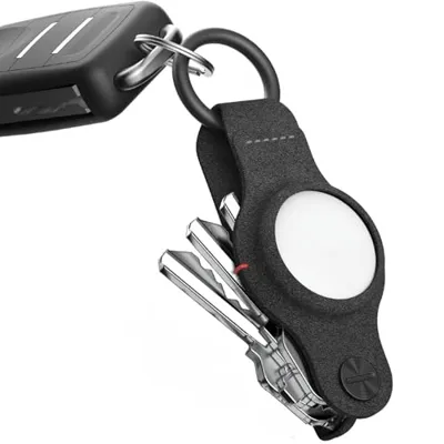 KeySmart Air - Compact Keyholder for Airtag - Key Organizer and Case for Apple Airtag - Includes Carabiner Keyring Key Chain to Attach Car Key Fob - Smartshield Leather Keychain (Black)
