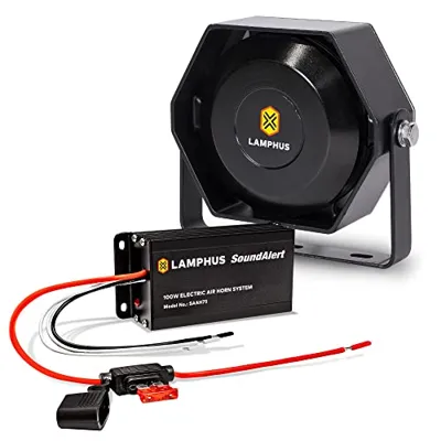 LAMPHUS SoundAlert 100W Police Air Horn Amplifier Kit [118-124 dB Slim Speaker] [Manual Control or Stock Horn Bybass] [10 A Fuse Protected] Electronic Air Horn for Emergency Vehicles Trucks Cars