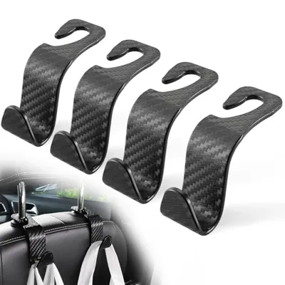 LivTee Car Purse Hook, Headrest Hook for Car, 4 Pack Universal Auto Car Seat Headrest Hook Hangers Organizer for Purse Coat Umbrellas Grocery Bags Handbag, Car Accessories - Carbon Fiber Black