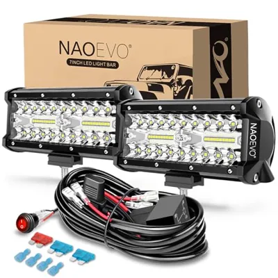 NAOEVO 7 Inch LED Light Bar, 240W 24,000LM Offroad Fog/Driving Lights LED Pods with 2 Leads Wiring Harness Kit, Spot Flood Combo Beam, LED Work Lights for Truck Boat UTV ATV, 2-Pack (White)