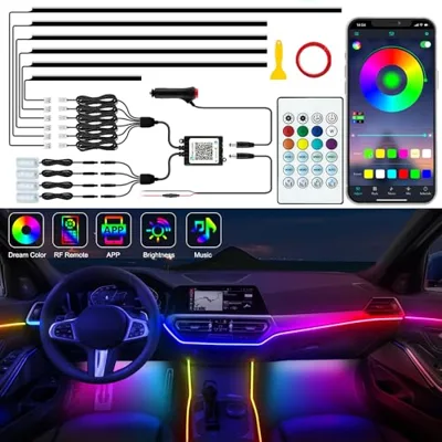 Jushope Interior Car LED Strip Lights, Acrylic LED Lights for Car with Dynamic Dreamcolor Chasing, Ambient Lighting Kits Music Sync Wireless APP and RF Remote Control (10 in 1)