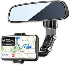 PKYAA Rearview Mirror Phone Holder for Car, 360° Rotating Rear View Mount with Adjustable Arm Length