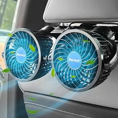 Poraxy Car Fan, 12V Cooling Fans for Backseat for Kids, Headrest 360 Degree Rotatable Dual Head Back Seat Stepless Speed Vehicles Rear Seat Air Fan for Sedan SUV RV