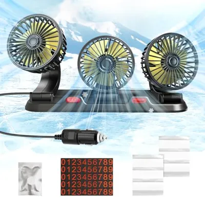 Portable 3-Head Car Cooling Fan - 2-Speed Adjustable, 360° Rotating, ...
