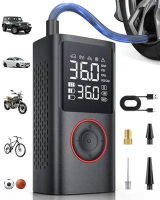 Powools Tire Inflator Portable Air Compressor, 150 PSI Cordless Mini Bike Tire Pump, Air Pump for Auto, Motorcycle, Bicycle, Balls with Pressure Gauge&LED Light, Black, Medium