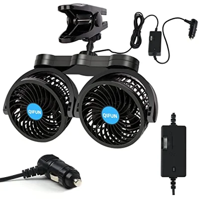 QIFUN Car Fan Adjustable Dual Head 12V 360° Rotatable 4 Inches Car Clip Fan for ...