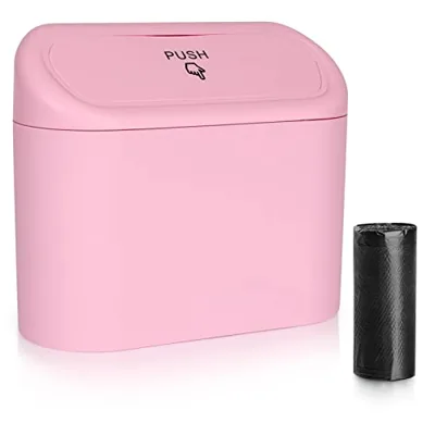 Accmor Car Trash Can with Lid, Vehicle Trash Bin Car Dustbin Garbage Organizer Holder with One Roll Trash Bag, Portable Hanging Mini Leakproof Cars Storage Bag Container for Auto, SUV, Office (Pink)
