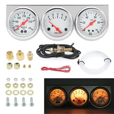 MAIMEIMI 2 inch 52mm Triple Gauge kit with Dashboard, 3 in 1 Car Meter Auto Gauge Set Volt Meter Water Temperature Gauge Oil Pressure Gauge with LED Light for Cars Tractor Trucks (White)